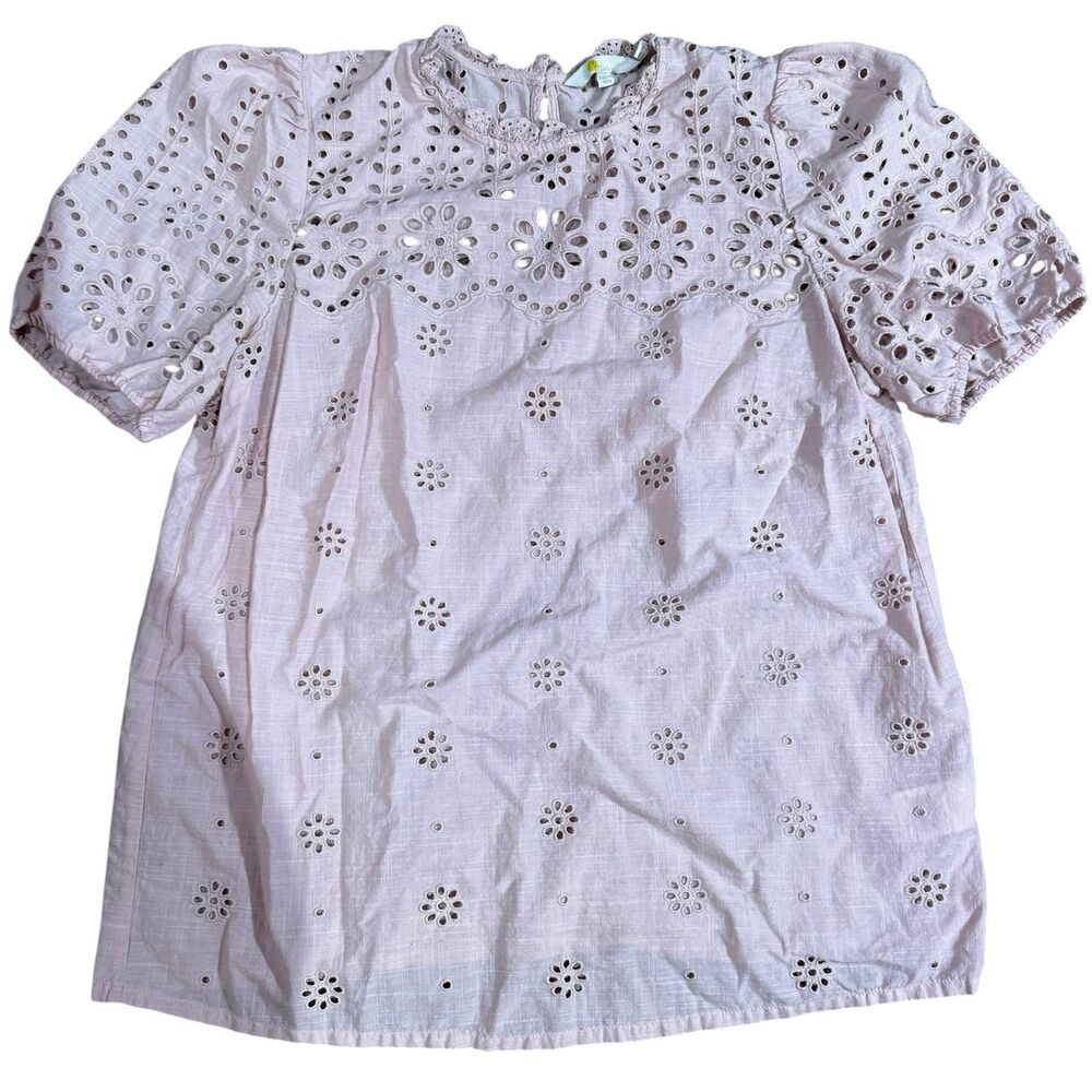 BODEN Altheda Broderie Top UK 14 US 10 Ruffle Puff Sleeve Pink Blouse Eyelet